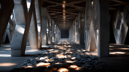 A long, narrow hallway with a stone floor and a light shining on it. The light casts shadows on the floor, creating a sense of depth and mystery. The hallway is empty, giving it an eerieの素材