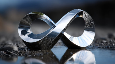 A silver infinity symbol is reflected in the water. Concept of infinity and endlessnessの素材