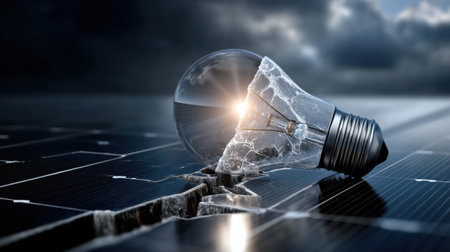 A light bulb is shattered on a solar panel. The light bulb is broken in half and the light is shining through the broken glass. Concept of destruction and chaosの素材