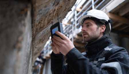 A man in a hard hat is using a device to measure the condition of a building. Concept of caution and precision, as the man is focused on his taskの素材