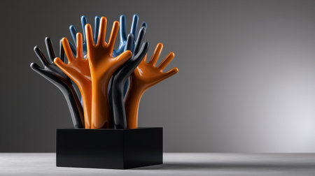 A sculpture of hands in a box with a grey background. The hands are of different colors and sizes, and the box is black. The sculpture conveys a sense of unity and togethernessの素材