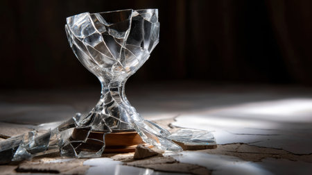 A broken glass cup with a crack in it. The broken glass is scattered on the ground. Scene is sad and brokenの素材