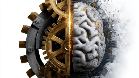 A brain and a clock are shown side by side. The brain is white and the clock is black. The brain is split in half, with the left half showing the inside of the brainの素材