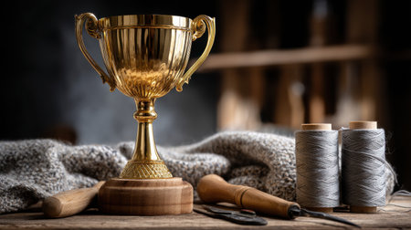 A gold trophy sits on a wooden table next to a pair of scissors and a spool of thread. Concept of accomplishment and achievement, as the trophy represents a significant victory or accomplishmentの素材