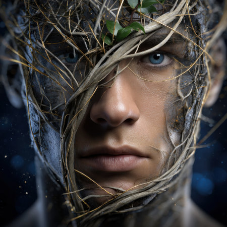 A man's face is covered in vines and leaves, giving it a surreal and otherworldly appearanceの素材