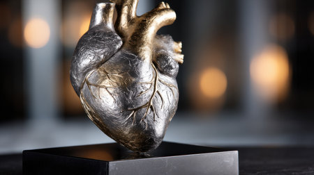 A heart made of gold and silver is displayed on a black base. The heart is surrounded by a blurry background, giving the impression of a dreamy, ethereal quality. The heart is a symbol of loveの素材