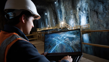 A man in a hard hat is looking at a laptop computer. He is wearing an orange safety vestの素材