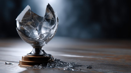 A broken glass trophy on a wooden table. The trophy is shattered and the shards are scattered around it. Scene is one of sadness and loss, as the trophy is no longer whole and has been damagedの素材