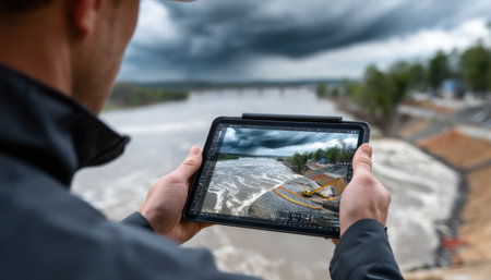 A man is holding a tablet and looking at a picture of a river. The image is blurry and has a stormy sky in the background. The man is focused on the image, possibly studying it or taking a photoの素材