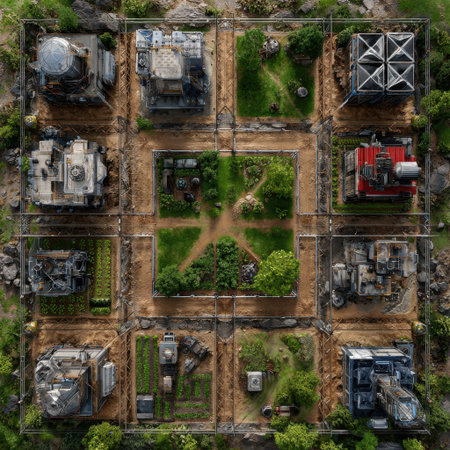 A city map with a large square in the middle. The square is surrounded by buildings and has a garden in the middleの素材