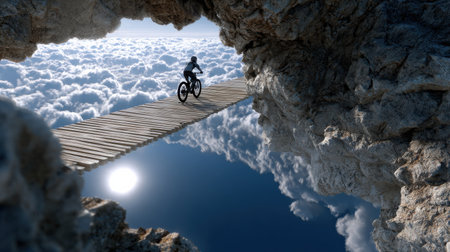 A person is riding a bike over a bridge in the sky. The sky is filled with clouds and the sun is shining brightly. Scene is adventurous and excitingの素材