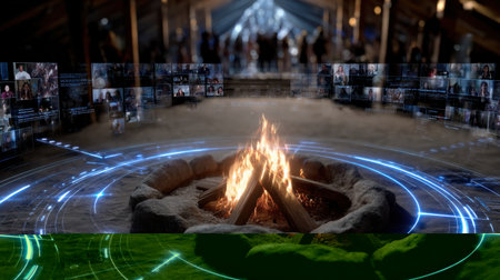 A fire is lit in a circle of rocks, with a group of people in the background. The fire is surrounded by a blue glow, giving the scene a mystical and otherworldly feelの素材