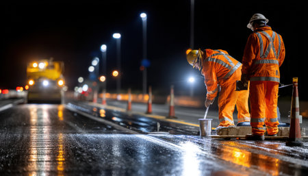 Two men in orange safety vests are working on a road at night. The scene is dark and wet, with the men standing on a wet roadの素材