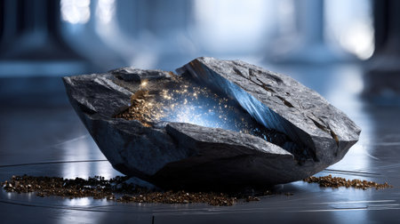 A large rock with a hole in it and a blue liquid inside. The rock is surrounded by a shiny, glittery substanceの素材