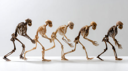 A group of skeletons are lined up in a row, with the first one being the most primitive and the last one being the most modern. Concept of evolution and the progression of timeの素材