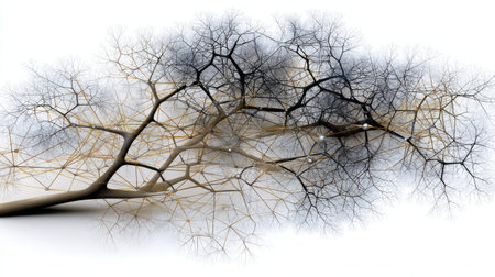 A tree with branches that are twisted and bent. The branches are brown and black. The tree is surrounded by a white backgroundの素材
