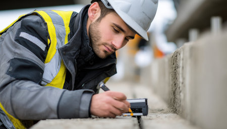 A man in a yellow and black vest is writing on a cement wall. He is wearing a hard hat and safety glassesの素材