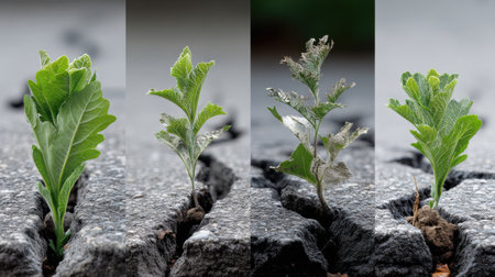Four different stages of a plant growing in a crack in the pavement. The first stage is a small seedling, the second stage is a small sprout, the third stage is a small plantの素材