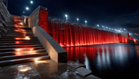 A waterfall with a red light show is lit up at night. The water is reflecting the lights, creating a beautiful and serene atmosphereの素材