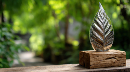 A silver leaf sculpture sits on a wooden base in a lush green forest. The sculpture is a symbol of growth and renewal, and it is surrounded by nature. Concept of tranquility and harmonyの素材
