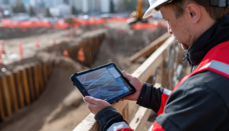 A man wearing a hard hat and safety vest is holding a tablet in his hand. He is looking at the screen, possibly checking some information or data. Concept of focus and concentrationの素材