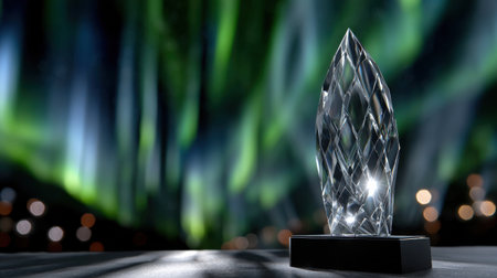 A crystal shaped like a pyramid is on a table. The table is lit by a green light and the background is a green auroraの素材