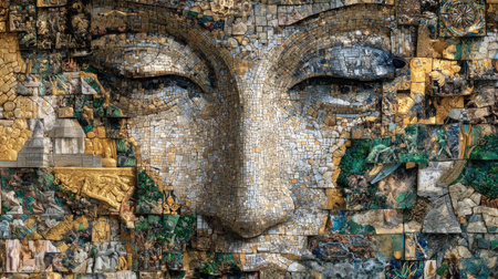 A gold and green face with a serene expression. The face is surrounded by a wall of tiles, and the tiles are of various sizes and colors. Scene is peaceful and calmingの素材
