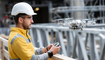 A man in a yellow jacket is holding a remote control and watching a drone fly. The drone is hovering over a bridgeの素材