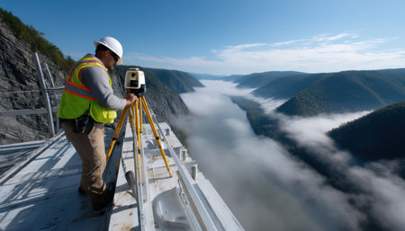 A man is standing on a bridge and taking measurements of a river. The sky is cloudy and the man is wearing a yellow vestの素材