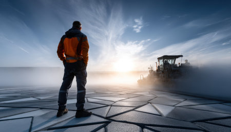 A man in an orange jacket stands in front of a large truck. The sky is blue and the sun is setting. The man is looking at the truck, possibly admiring it or preparing to drive itの素材