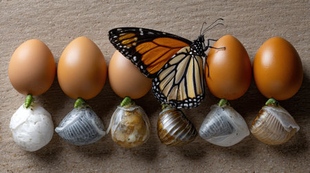 A butterfly lays on top of a row of eggs. The eggs are of different sizes and colors, and the butterfly is orange and black. Concept of transformation and growthの素材
