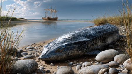 A large fish is laying on the beach next to a ship. The scene is calm and peaceful, with the fish and the ship being the main focusの素材