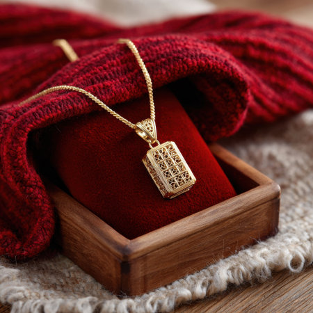 A gold necklace with a pendant is displayed on a red background. The necklace is placed on a wooden box, which is also red. Scene is elegant and sophisticated, with the gold necklaceの素材