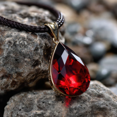 A red crystal pendant with a gold chain. The pendant is hanging from a rock. The pendant is a beautiful piece of jewelry that stands out against the rough surface of the rockの素材