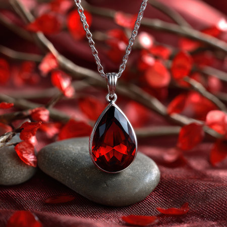 A red pendant with a black stone in the center sits on a red cloth. The stone is shaped like a teardrop and the pendant is made of silverの素材