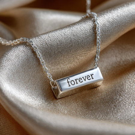 A silver necklace with the word Forever written on it. The necklace is sitting on a piece of fabricの素材