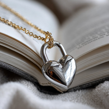 A silver heart pendant is on top of a book. The pendant is hanging from a chain and is attached to a silver lock. The book is open to a page with a lot of textの素材