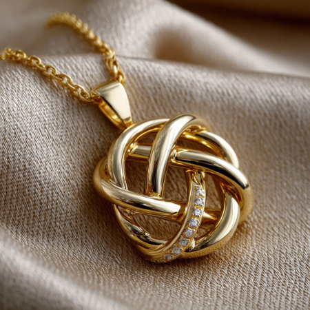 A gold and diamond necklace with a knot design. The necklace is on a white cloth. The necklace is a symbol of love and commitmentの素材