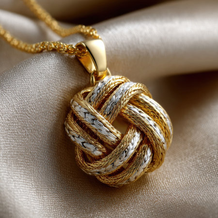 A gold and silver necklace with a knot pendant. The knot is made of gold and silver strandsの素材