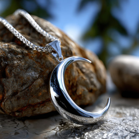 A silver crescent moon pendant is sitting on a rock. The pendant is made of metal and has a shiny, reflective surface. The rock it is sitting on is rough and uneven, adding to the naturalの素材