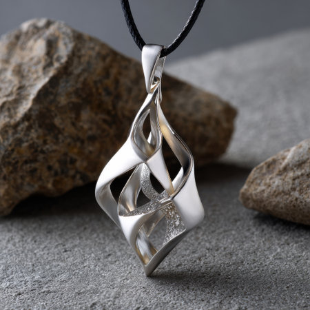 A silver pendant with a black chain is displayed on a stone surface. The pendant has a unique design that resembles a flame, and it is suspended from the chain. The stone surface adds a naturalの素材