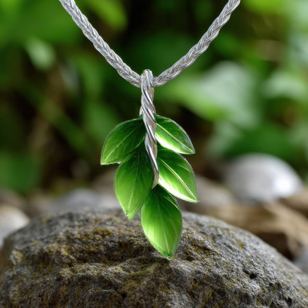 A green leaf pendant is displayed on a rock. The pendant is made of metal and has a silver chain. The rock is a natural element that adds a sense of grounding and stability to the sceneの素材