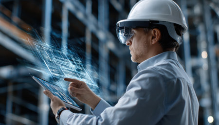 A man wearing a hard hat and a white shirt is using a tablet to point at a computer screen. Concept of technology and innovationの素材
