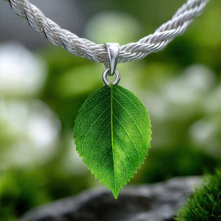 A leaf pendant is hanging from a silver chain. The leaf is green and he is made of metal. The pendant is suspended from a silver chain, which is also silverの素材
