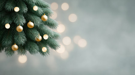 A Christmas tree with gold ornaments hanging from it. The tree is surrounded by a blurry backgroundの素材