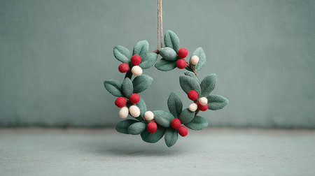 A wreath made of green leaves and red berries is hanging from a string. The wreath is a festive decoration for the holiday seasonの素材