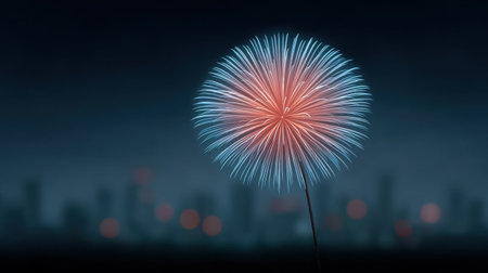 A firework is lit up in the night sky, with a city in the background. Concept of excitement and celebration, as the fireworks light up the darkness and draw attention to the city belowの素材