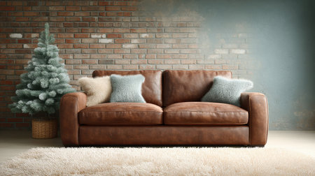 A brown leather couch sits in front of a brick wall and a Christmas tree. The room has a cozy and warm atmosphere, perfect for relaxing and enjoying the holiday seasonの素材