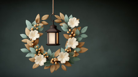 A wreath with a lantern hanging from it. The lantern is lit and the wreath is decorated with flowers. Scene is warm and inviting, as the lantern and flowers create a cozy atmosphereの素材