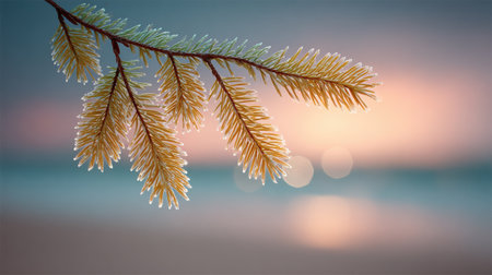A branch of a tree with frost on it. The branch is in front of a body of waterの素材